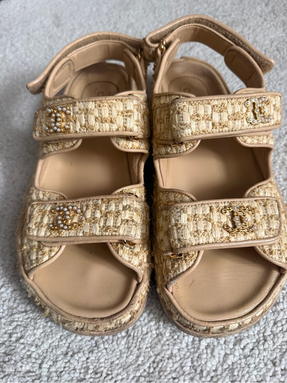 Authentic Chanel Beige Tweed Dad Sandals w/box and dust bag size 36.5